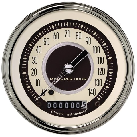 Classic Instruments Nostalgia VT Series Speedometers NT55SLF Gauge, Series, Speedometer, 0-140 mph, 3 3/8 in., Beige Face, Stainless Low Step Bezel, Flat Lens, Each