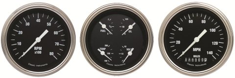 Classic Instruments Hot Rod Series Gauge Sets HR03SLC Gauges, Rod, Speedometer, Tach, Water Temperature, Fuel Level, 3 3/8 in., Black Face, Analog, Set of 3