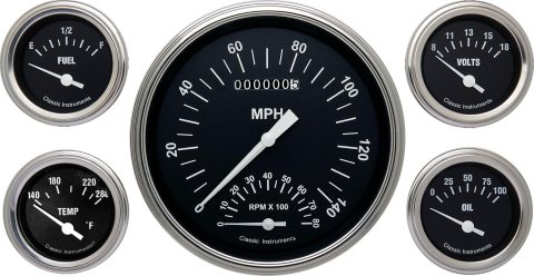 Classic Instruments Hot Rod Series Gauge Sets HR65SLC Gauges, Series, Speedometer, Tach, Water Temperature, Fuel Level, Black Face, Analog, Set of 5