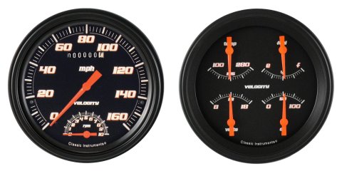 Classic Instruments Velocity Series Gauge Sets VS62BBLF Gauge, Velocity, Analog, Electrical, Speedometer, Tach., Fuel, Oil, Volt, Water, 5 in. Diameter, Black Face
