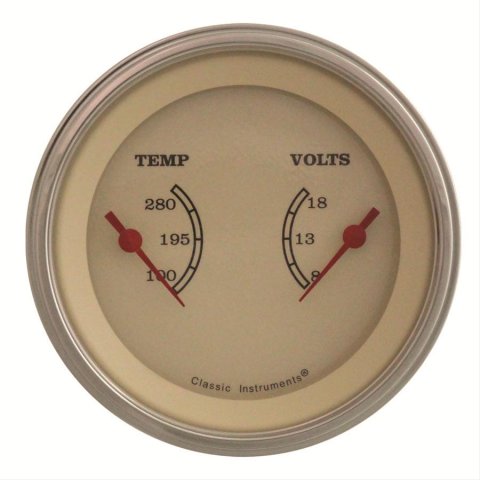 Classic Instruments Vintage Series Gauge Sets VT74SLC Gauge, Series, Dual, Water Temperature, Voltmeter, 3 3/8 in., Cream Face, Analog, Each