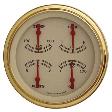 Classic Instruments Vintage Series Gauge Sets VT75GLF Gauge, Series, Quad, Water Temperature, Oil Pressure, Fuel Level, 5 in., Cream Face, Analog, Each