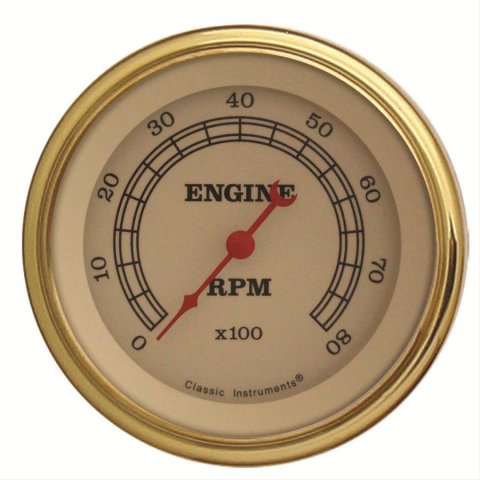 Classic Instruments Vintage Series Tachometers VT80GLC Gauge, Vintage, Tachometer, 0-8,000 rpm, In-dash, 3 3/8 in., Cream Face, Analog, Electronic, V8, Each