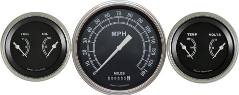 Classic Instruments Traditional Series Gauge Sets TR64SLC Gauges, Traditional, Speedometer, Water Temperature, Fuel Level, Voltmeter, Black Face, Analog, Set of 3