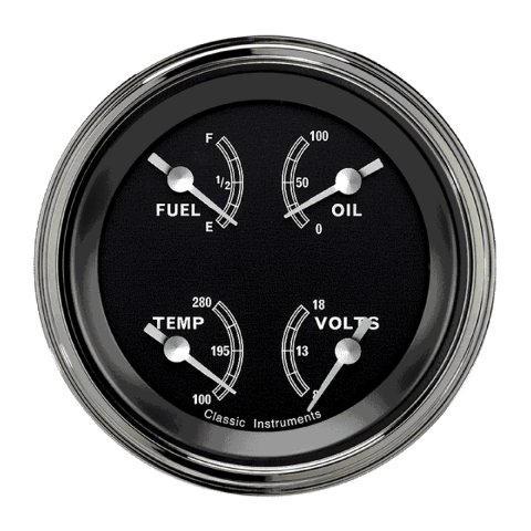 Classic Instruments Traditional Series Gauge Sets TR73SLF Gauge, Series, Quad, Water Temperature, Fuel Level, Voltmeter, 3 3/8 in., Black Face, Analog, Each