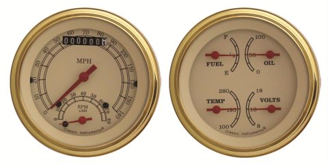 Classic Instruments Vintage Series Gauge Sets VT32GLC Gauge, Vintage, Analog, Electronic, Speedo, Tach, Oil, Water, Volt, Fuel, 3 3/8 in., Cream Face, Gold Bezel