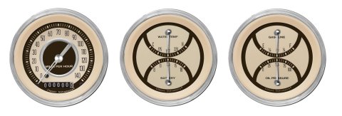 Classic Instruments Nostalgia VT Series Gauge Sets NT04SHC Gauges, VT, Speedometer, Tach, Water Temperature, Fuel Level, 3 3/8 in, Beige Face, Analog, Set of 3