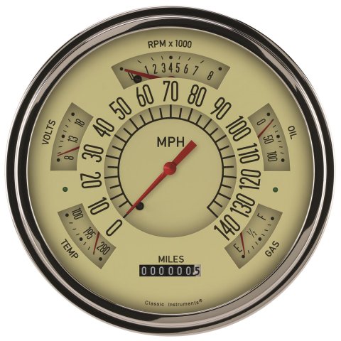 Classic Instruments Six Pack Gauge Sets SX01TSLF Kits, Pack, Analog, Speedometer, Tach, Fuel Level, Oil Pressure, Volts, Water Temp., 6 1/4 in., Tan Face, Black Numbers, Flat Glass, Each