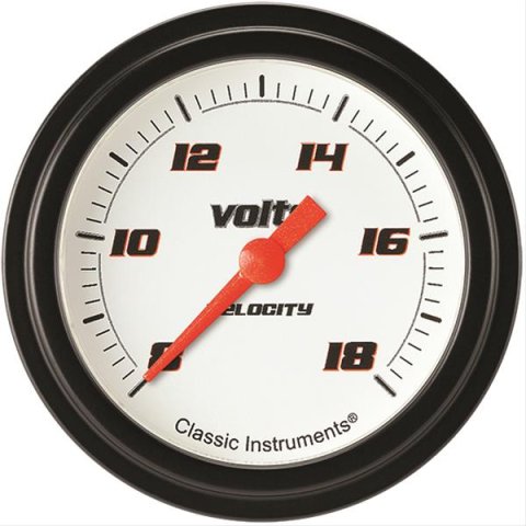 Classic Instruments Velocity Series Gauges VS330WBLF Gauges, Series, Voltmeter, 8-18 V, Analog, Electrical, 2 5/8 in., White Face, Black Numbers, Black Bezel, Each