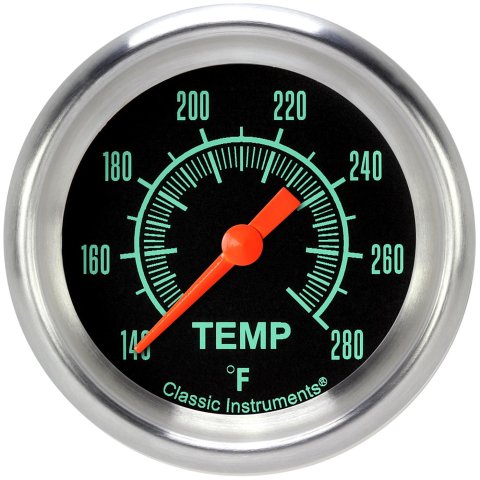 Classic Instruments G-Stock Series Gauges GS326APF-08 Gauges, Series, Water Temperature, 140-280 degrees F, Analog, Electrical, 2 5/8 in., Black Face, Green Numbers, 1/2 in. NPT Thread, Each