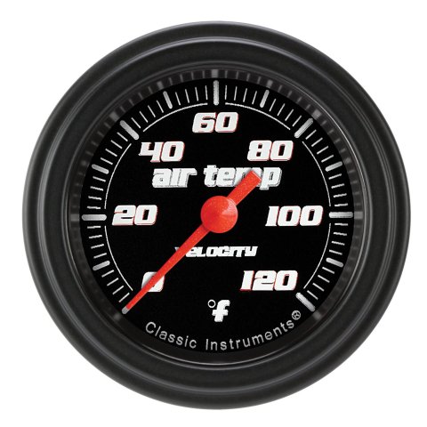 Classic Instruments Velocity Series Gauges VS199BBLF Gauges, Series, Air Temperature, 0-120 degrees F, Analog, Electrical, 2 1/8 in., Black Face, White Numbers, Matte Black Bezel, Each