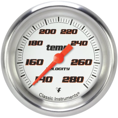 Classic Instruments Velocity Series Gauges VS326WAPF-12 Gauges, Series, Water Temperature, 140-280 degrees F, Analog, Electrical, 2 5/8 in., White Face, Black Numbers, M12 x 1.5 Thread, Each