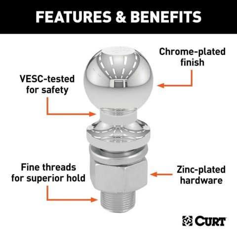 CURT Hitch Balls 40167 Ball, 2 5/16 in., 1.000 in. Shank Diameter, 2.125 in. Shank Length, 7,500 lbs. Capacity, Steel, Chrome, Each