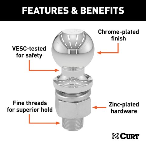 Curt Manufacturing Hitch Balls 40170 Trailer Ball, 2" Trailer Ball (1" x 2-1/8" Shank, 7,500 lbs., Chrome, Packaged)