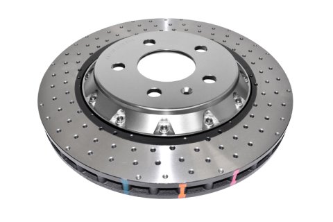 Disc Brakes Australia USA LLC Brake Rotors DBA52844SLVXD 5000 Fully Assembled 2-piece Clear Anodised Hat Cross Drilled/Dimpled KP [ AUDI-RS3 -> F ]