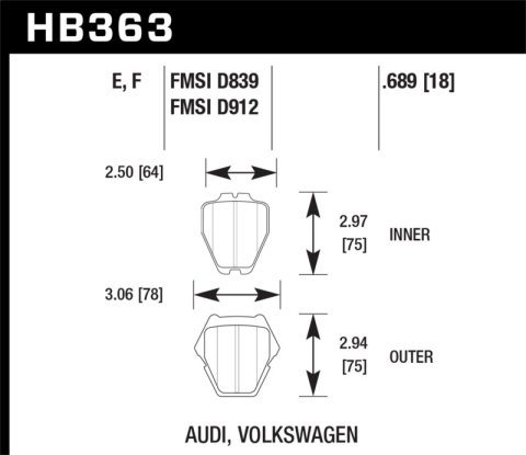 Hawk Performance HPS Brake Pads HB363F.689 Pads, HPS, Front, Audi, Volkswagen, Set
