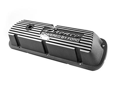 Scott Drake Classic Aluminum Valve Covers 6A582-B Covers, Cast Aluminum, Black Wrinkle, Bronco Powered By Ford Logo, Ford, Small Block Windsor, Pair