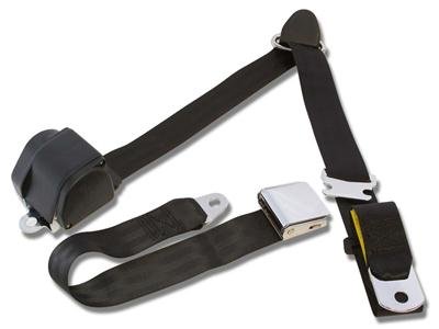 Scott Drake Retractable Three Point Seat Belts SB-3P-BK Belts, Shoulder and Lap Belt Type, Point, Retractable, Black, Chrome Aviation Buckle, Front, Ford, Pair