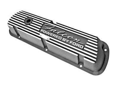 Scott Drake Classic Aluminum Valve Covers 6A582-F Covers, Classic, Perimeter Bolt Mounting, Cast Aluminum, Black, Falcon Powered by Ford Logo, Pair