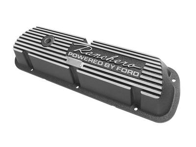 Scott Drake Classic Aluminum Valve Covers 6A582-R Covers, Classic, Perimeter Bolt Mounting, Cast Aluminum, Black, Ranchero Powered by Ford Logo, Pair