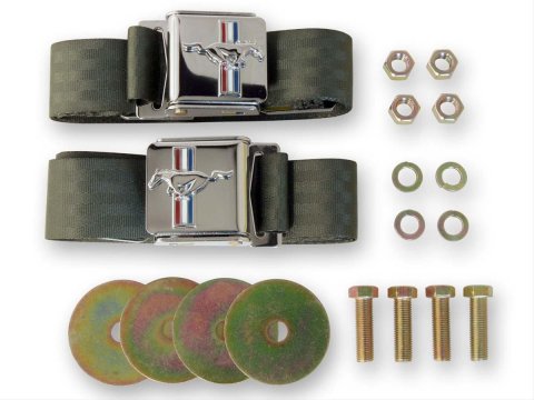 Scott Drake Mustang Emblem Seat Belts SB-GN-H Belts, Lap, Emblem, Green, Ford, Set