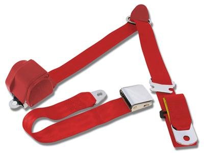 Scott Drake Retractable Three Point Seat Belts SB-3P-BR Belts, Shoulder and Lap Belt Type, Point, Retractable, Bright Red, Chrome Aviation Buckle,Front, Ford, Pair