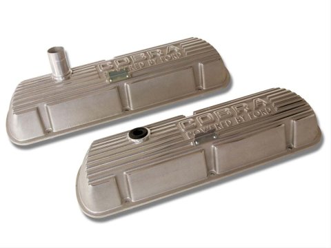 Scott Drake Classic Aluminum Valve Covers S1MS-6A582-P Covers, Stock Height, Aluminum, Polished, Cobra Powered By Ford Logo, Ford, Small Block Windsor, Pair