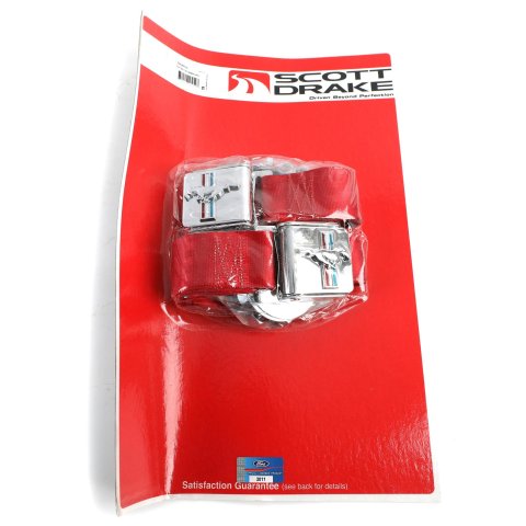 Scott Drake Mustang Emblem Seat Belts SB-BR-H Belts, Lap, Emblem, Bright Red, Ford, Set