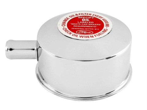 Scott Drake Valve Cover Oil Caps for 1965-1970 MUSTANG - C5ZZ-6766-F Cap, Round, Push-in, Steel, Chrome, Vent Tube, Ford Decal, Ford, Each