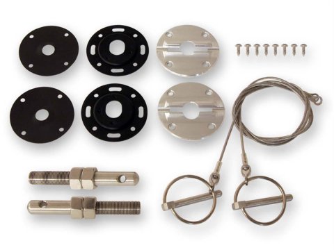 Scott Drake Hood Pin Kits S1MS-16892-K Pins, Torsion Style, Aluminum, Polished, Scuff Plate, Lanyards, Ford, Kit