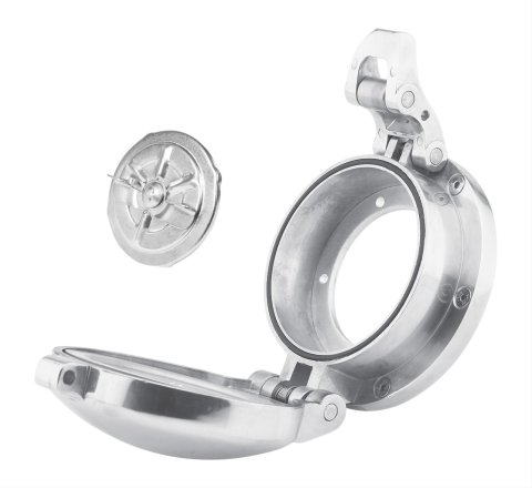 Scott Drake Lemans-Style Gas Door Kits for 1964-1973 MUSTANG - CSX-9030-A Fuel Tank Cap, Door, Aluminum, Polished, Ford, Kit