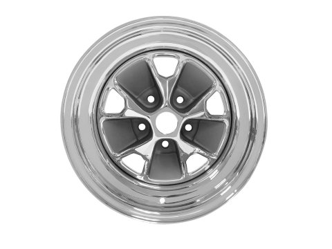 Scott Drake 1965-67 Mustang Styled Steel Wheels 15x7 Wheel, Mustang, Steel, Chrome, Charcoal Painted Center, 15 in. x 7.0 in., 5 x 4.50 in. Bolt Circle, 4.250 in. Backspace, Each