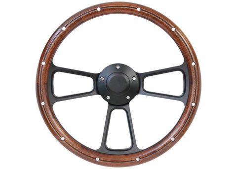 Brothers Trucks Custom Steering Wheels STRF8BW74-91 Wheels, Custom, 3-spoke, Mahogany Wood Grip, Black Aluminum Spokes, Horn Button, 14 in. Diameter, Chevrolet, GMC, Each