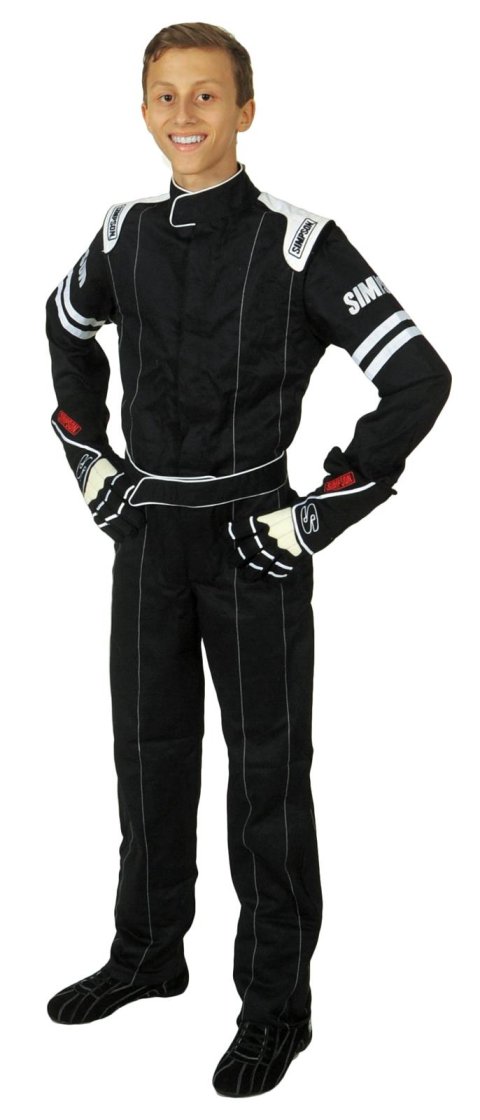 Simpson Legend II Series Youth Driving Suits LY22271 Suit, Youth, One-piece, Single Layer, Fire-retardant Cotton, Black with Black Stripe, SFI 3.2A/1, Medium, Each