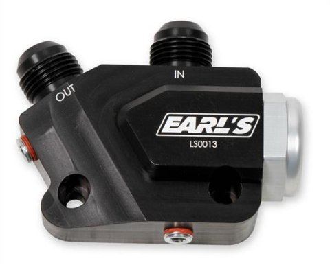 Earl's Performance Oil Cooler Adapters LS0013ERL Adapter, Right Angle, -10 AN Inlet, -10 AN Outlet, Billet Aluminum, Black Anodized, 212 Degree Thermostat, Hardware, Each