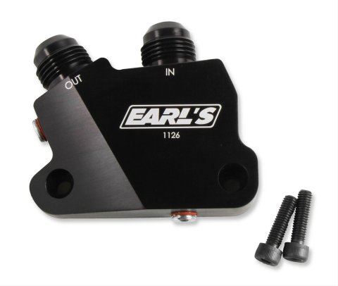 Earl's Performance Oil Cooler Adapters 1126ERL Adapter, Right Angle, -10 AN Inlet, -10 AN Outlet, Billet Aluminum, Black Anodized, Hardware, Each