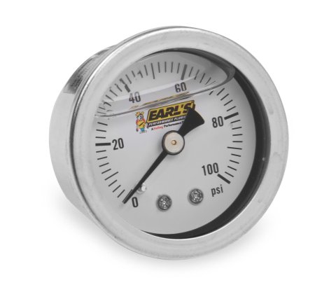 Earl's Performance Analog Fuel Pressure Gauges 100187ERL Gauge, Analog, Pressure, 0-100 psi, 1 1/2 in. Diameter, Stainless Steel, White Face, Liquid-filled, 1/8 NPT Male Threads