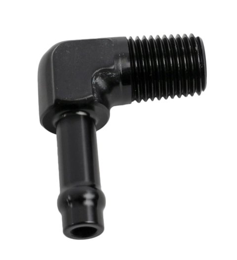 Earl's Performance Vapor Guard Hose Ends 782205ERL Ends, Guard, Socketless Barb, 90 degree, 5/16 in. Size, Aluminum, Black Anodized, 1/4 in. NPT Adapter Size, Male Threads, Each