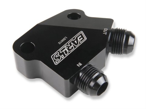 Earl's Performance Oil Cooler Adapters LS0012ERL Adapter, Right Angle, -10 AN Inlet, -10 AN Outlet, Billet Aluminum, Black Anodized, Hardware, Each