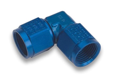 Earl's Performance Couplers 934104ERL Fitting, Coupler, Union, AN to AN, 90 Degree, Aluminum, Blue Anodized, -4 AN, -4 AN, Swivel, Each