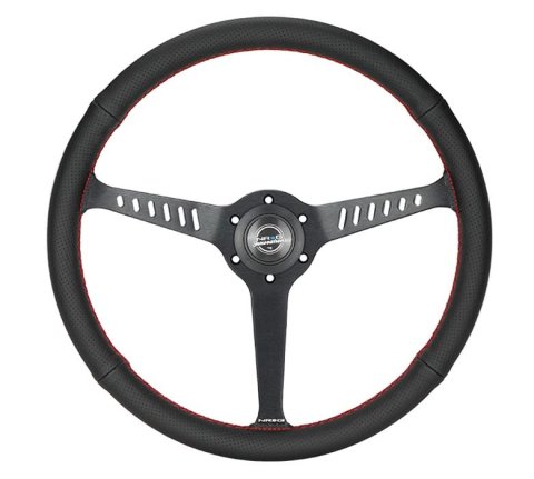 NRG Classic Stealth Steering Wheels RST-380-STL-R Wheel, Stealth, 380mm, 1 in. Dish, Black Leather Grip, Black Spoke, Red Stitching, Each