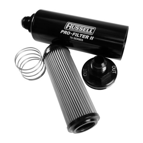 Russell ProFilter 2 40 Microns Fuel Filter with -16 AN Inlet Size 761604 Filter, Pro-Filter 2, 76 Series, Male In/Out, Microns, 9.75 in. Length, Aluminum, Black, Each