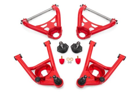 BMR Suspension A-Arms AAK402R Control Arms, Tubular, Front Upper, Front Lower, Tall Ball Joint, Steel, Red Powdercoated, Buick, Chevy, Oldsmobile, Pontiac, Kit