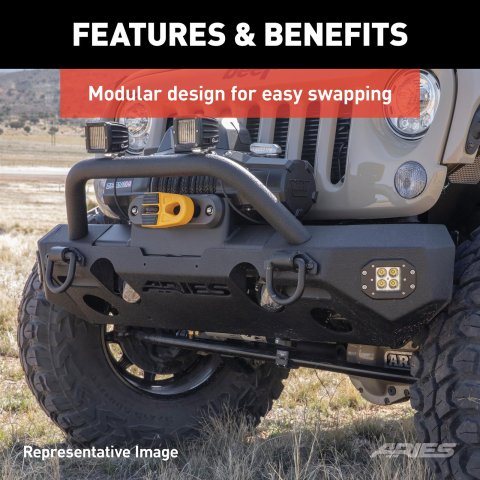 Aries Automotive TrailChaser Front Bumper with Corner and Brush Guards for 2020-2024 GLADIATOR, 2018-2024 WRANGLER - 2082084 Bumpers, Fabricated, Steel, Black Powdercoated, Textured, Front, Center Section, Guards, Guard, Jeep, Kit