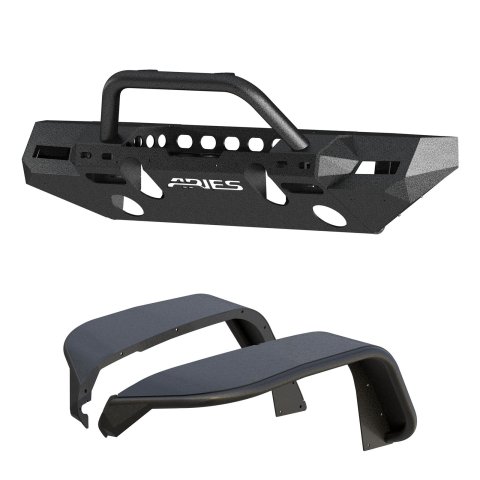 Aries Automotive TrailChaser Front Bumper with Corner Guards, Brush Guards and Fender Flares for 2018-2024 WRANGLER - 2082096 Bumpers, Fabricated, Aluminum, Black Powdercoated, Textured, Front, Center Section, Guard, Flares, Jeep, Kit