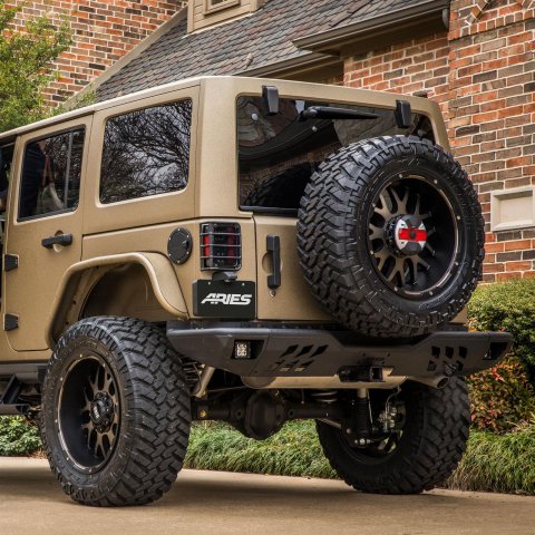 Aries Automotive TrailChaser Rear Bumper with Corner Guards and LEDs for 2007-2017 WRANGLER, 2018 WRANGLER JK - 2082060 Bumpers, Fabricated, Aluminum, Black Powdercoated, Textured, Rear, Center Section, Guards, Jeep, Kit