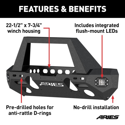 Aries Automotive TrailChaser Front Bumper with Corner and Brush Guards for 2020-2025 GLADIATOR, 2018-2025 WRANGLER - 2082085 Bumpers, Fabricated, Steel, Black Powdercoated, Textured, Front, Center Section, Guards, Guard, Jeep, Kit
