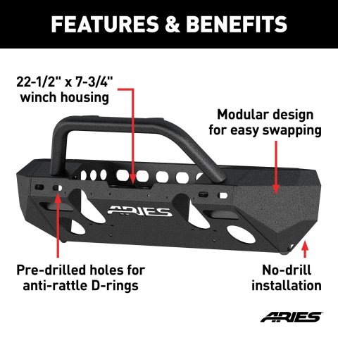 Aries Automotive TrailChaser Front Bumper with Corner and Brush Guards for 2020-2025 GLADIATOR, 2018-2025 WRANGLER - 2082078 Bumpers, Fabricated, Steel, Black Powdercoated, Textured, Front, Center Section, Guards, Guard, Jeep, Kit