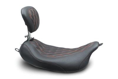 Mustang Motorcycle Products Wide Tripper Solo Double Diamond Stitched Seats 79727AB 08-21 Harley FL Touring Pass Seat w/ Dr Backrest, Red Stitch - Black