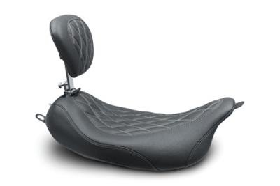 Mustang Motorcycle Products Wide Tripper Solo Double Diamond Stitched Seats 79727GM 08-21 Harley FL Touring Pass Seat w/ Dr Backrest, Grey Stitch - Black
